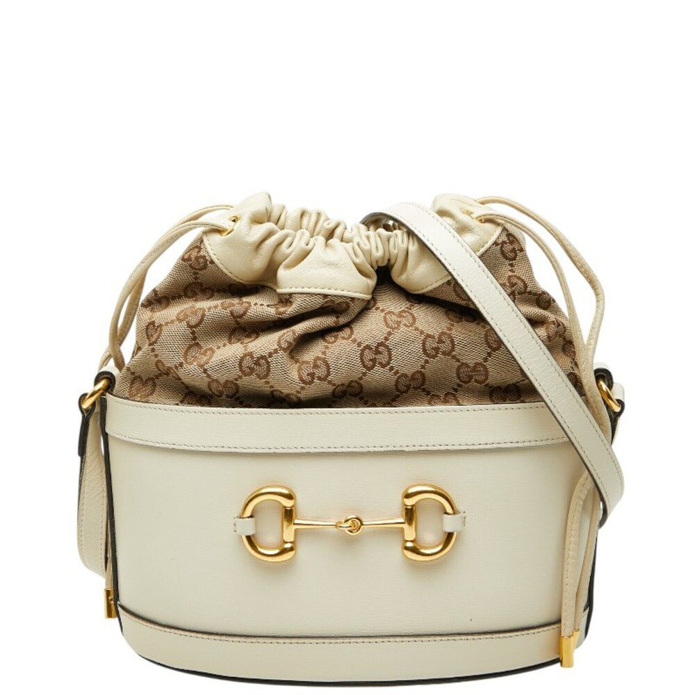 Gucci GG Canvas Horsebit 1955 Bucket Bag Shoulder 602118 Beige Leather Women'...
